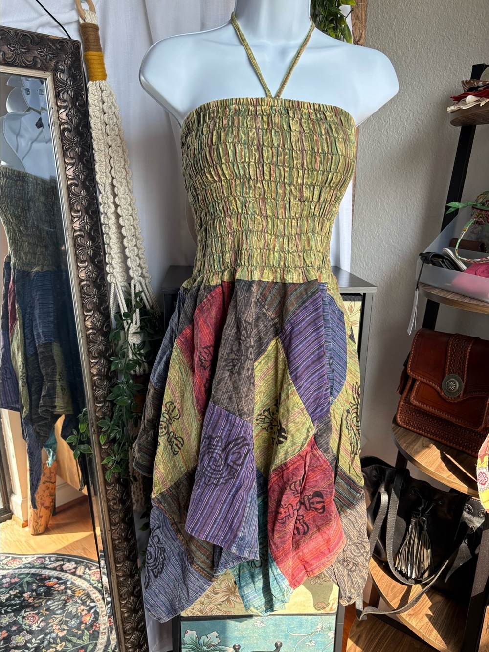 Rhea NWT Boho Patchwork Smocked Halter Hand Printed Handkerchief Dress One Size